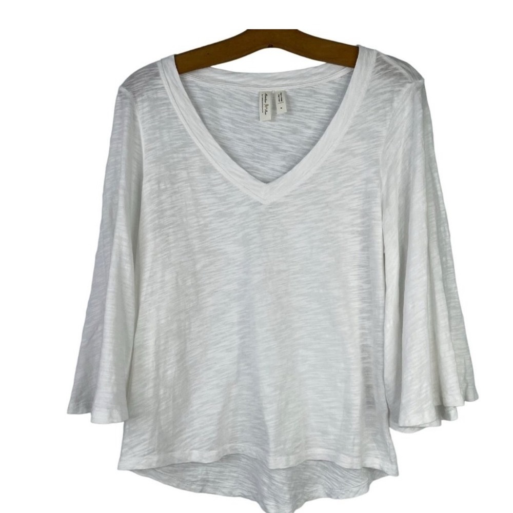 Anthropologie Meadow Rue Top Slub Womens M V-Neck Bell Sleeve White Minimalist